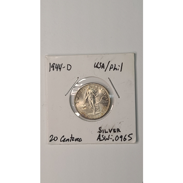 1944-D U.S-Philippines 20 Centavos 75% Silver Coin - ASW: 0.0964oz