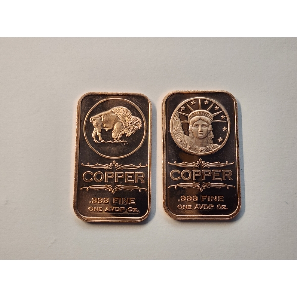 (2) 1 AVDP ounce .999 Fine Copper Bars ft. Buffalo Design & Statue of Liberty Design 2 oz Total