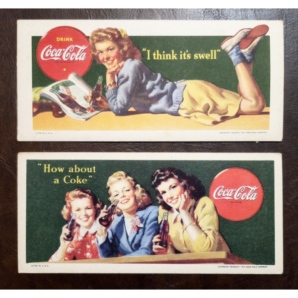 COCA COLA ADVERTISING BLOTTERS - VINTAGE 1952 & 54  10" X 4" BLOTTERS FEATURING LOVELY YOUNG LADIES 