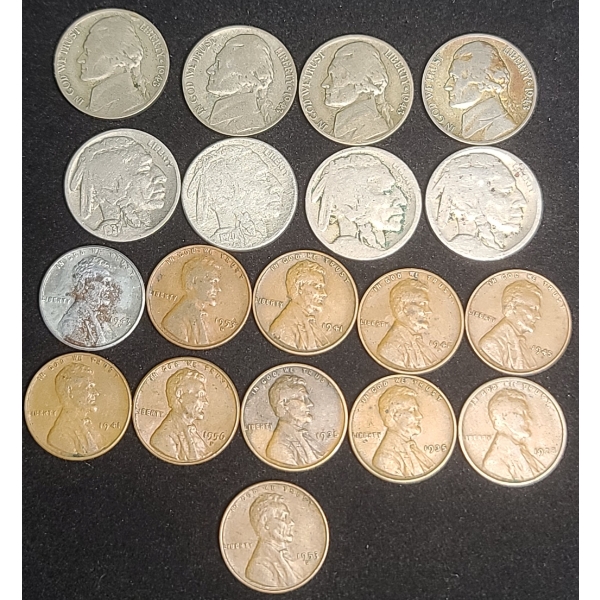 Assorted Years Jefferson 35% Silver War-Time Nickels, Buffalo Nickels & Wheat Pennies -FV:$0.51