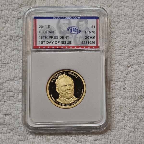 2011-S Ulysses S. Grant Presidential Dollar graded PR70 DCAM by the IGS with CoA