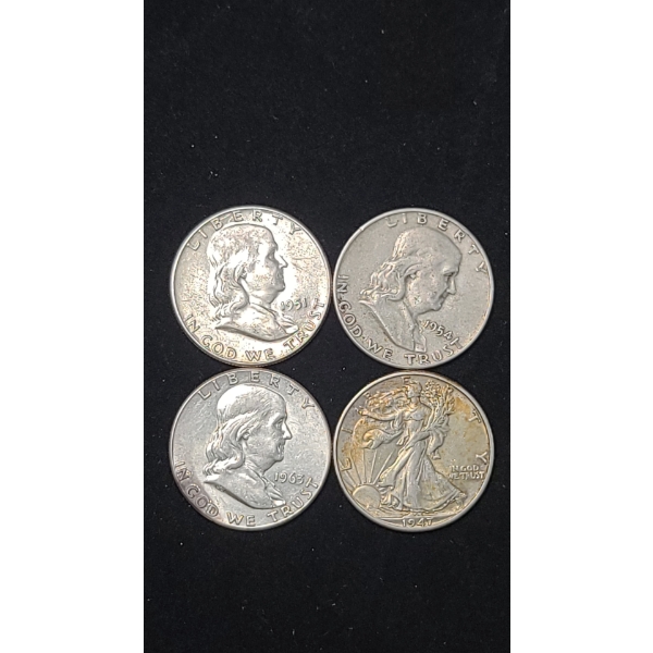 1951, 1954, 1963 90% Silver Franklin Half Dollars & 1947-D 90% Silver Walking Liberty Half Dollar
