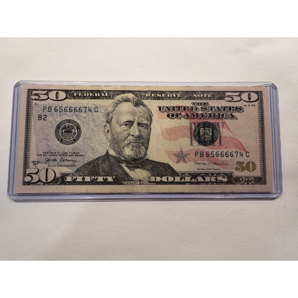 Rare United States Grant $50.00 Bill - 5 OF A KIND SERIAL NUMBER - Mint Condition In Holder