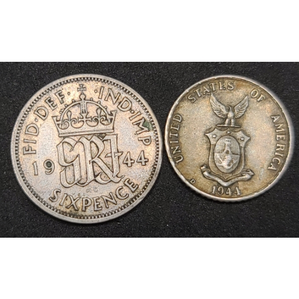 1944 Great Britain 6 Pence 50% Silver Coin &  1944-D U.S/Philippines 10 Centavos 75% Silver Coin