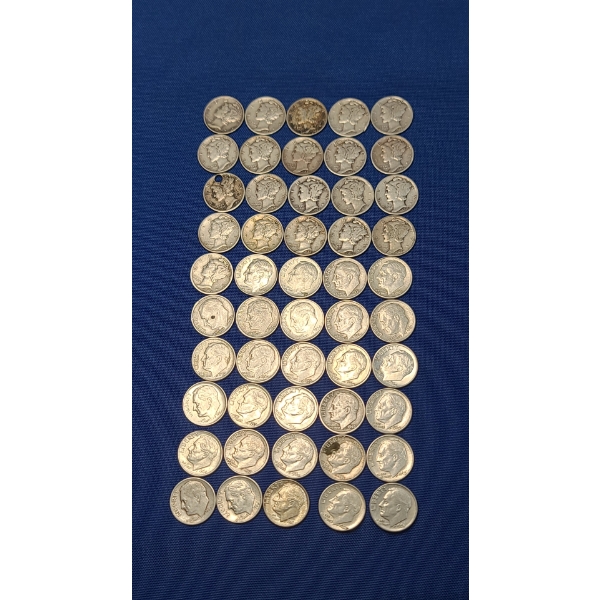 Assorted Years & Mint Marks 90% Silver Mercury Head/Roosevelt Dimes - Face Value: $5.00