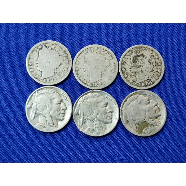 6 U.S. Nickels: Liberty Head "V" Nickels: 1892, 1899, 1905 and Buffalo Nickels: x2 1936 and 1924