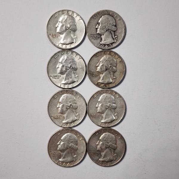 Eight Assorted United States 90% Silver Washington Quarters ~ $2.00 Face Value