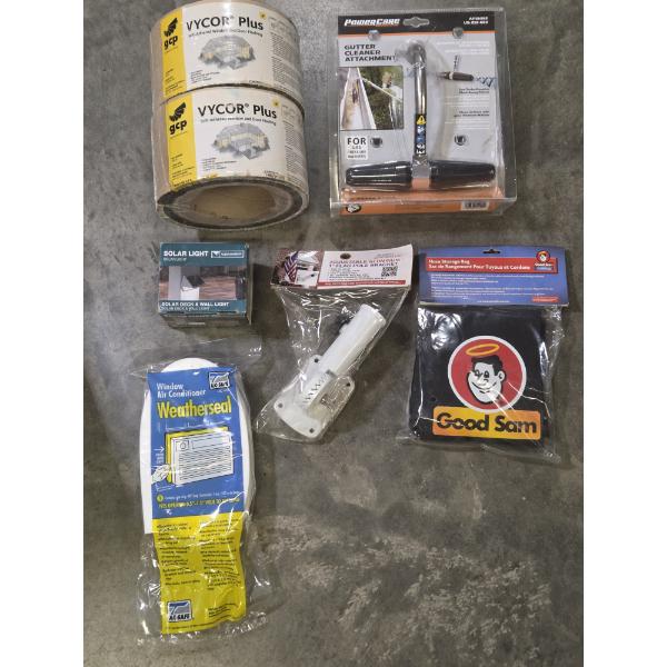 All Brand New- 2 Rolls Vycer Flashing, Hose Storage Bag, Gutter Cleaner Attachment, Solar Light & We