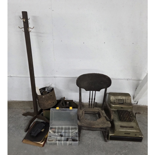 Vintage Collectable Items Including Childs Rocker, Cash Register, Coat Tree, Metal Tap Collection An