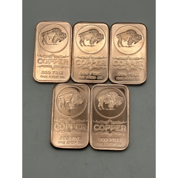 Five Buffalo 1 AVDP oz .999 Fine Copper Bar