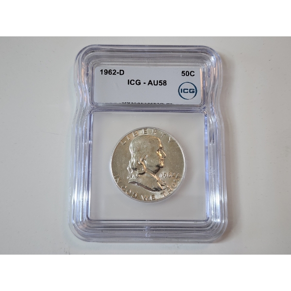 ICG GRADED AU58 1962-D 90% Silver Franklin Half Dollar 