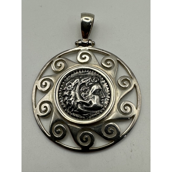 Sterling Silver Pendent Including Greek Hercules Motif Coin 12.5g