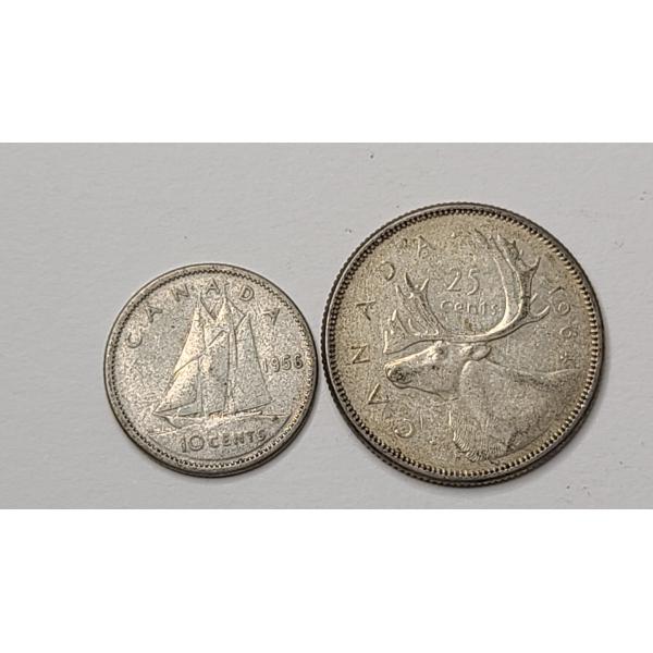 (2) Canadian 80% Silver Coins - 1956 10 Cent Coin & 1964 25 Cent Coin