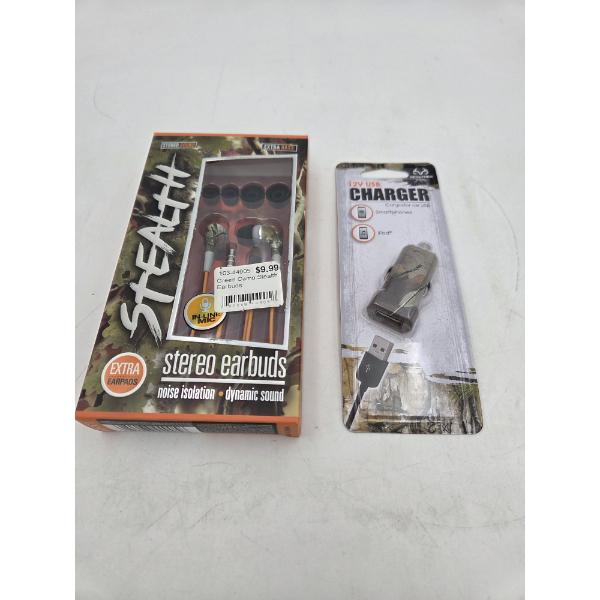 Brand New Camo Stealth Ear Buds And RealTree Camo 12V USB Charger