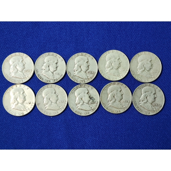 Lot of 10 Assorted Years Franklin Silver Half Dollars FV: $5.00
