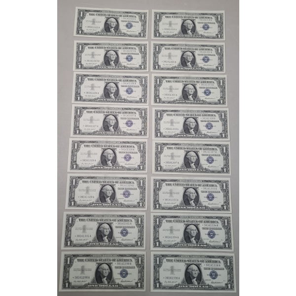 (16) U.S Series 1957 $1 Silver Certificate STAR Notes -AU Crisp Condition