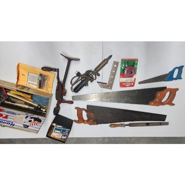 Lot of Assorted Tools Including Saws, Vintage Breast Drill Wood Tool, & More - See Photos!