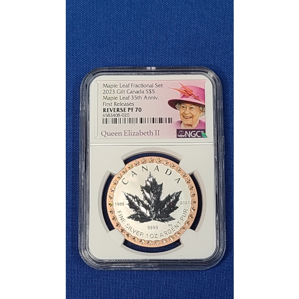 2023 NGC First Releases $5 Reverse PF70 1 oz 9999 Silver Canadian Maple 35th Anniversary Coin
