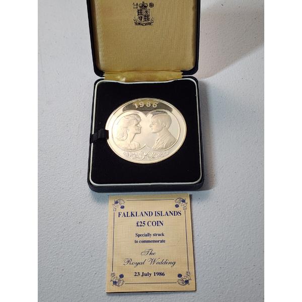 Falkland Island $25 Large Proof Sterling Silver Coin Commemorating The Royal Wedding 1986 ~150g