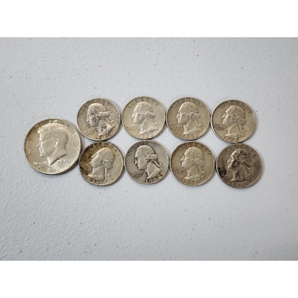 1964 Kennedy Silver Half Dollar and Assorted Years Silver Washington Quarters FV: $2.50