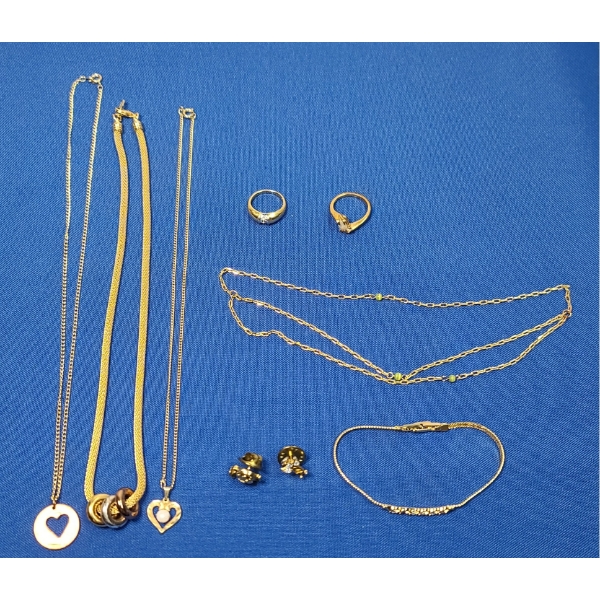 
Assorted GOLD COLORED Costume Necklaces, Pins, Bracelets & Rings