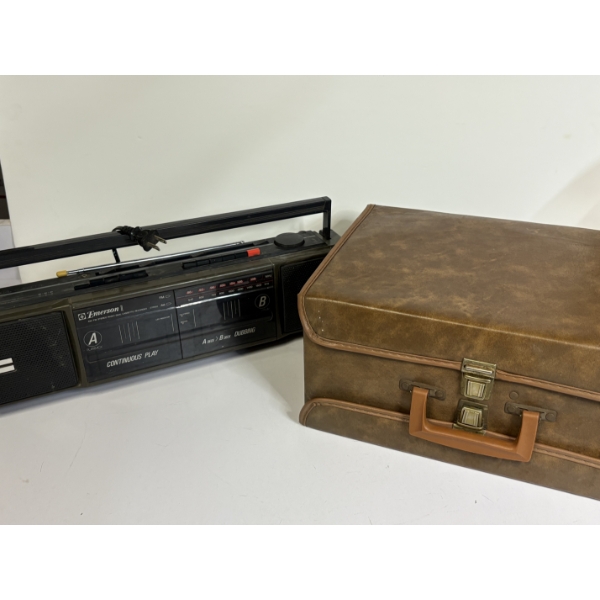 Cassette Player & Case of Cassettes - Emerson Brand - Double Sided Brown Case - Various Cassettes - 