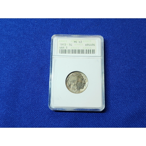 1913 Buffalo Nickel ANACS Variety 1 "FIVE CENTS on Raised Ground" MS 63