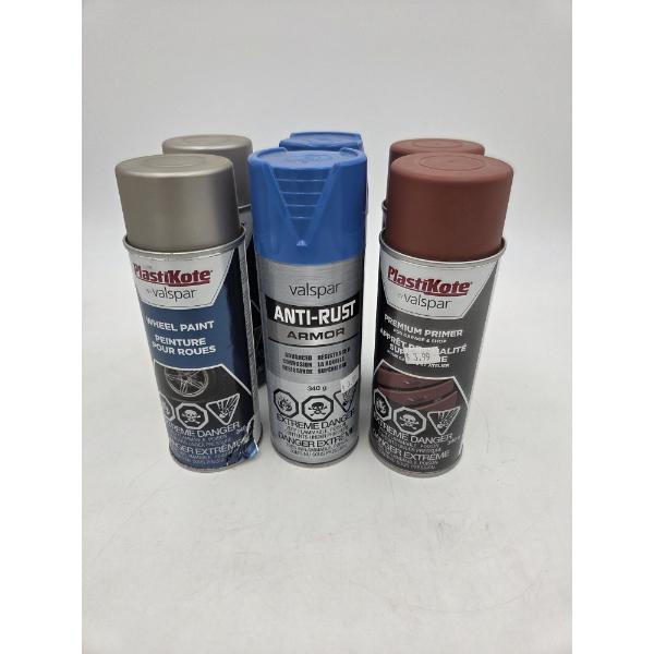 All Brand New 11oz Valspar Sprays- 2 Red Oxide 2 Safety Blue & 2 Steel Wheels