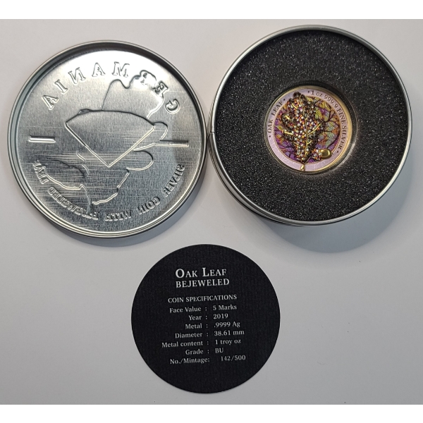 2019 Mythical Forest Germania Mint 1 Troy Oz .9999 Fine Silver Bejeweled Oak Leaf - Mintage 142/500