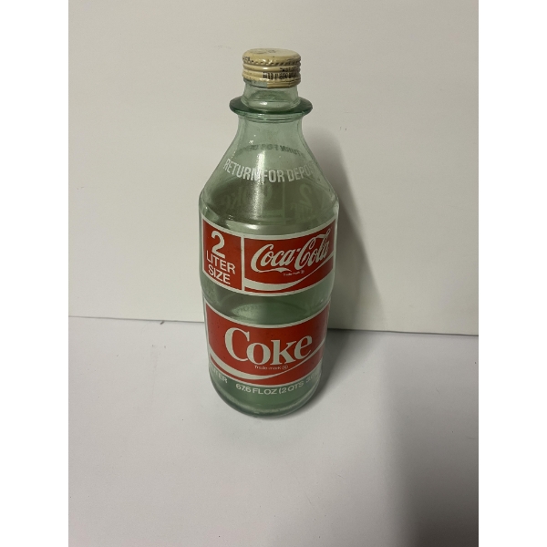 Coca-Cola Glass Bottle - 2 Liter - 67.6 fl oz, about 1 foot Tall - with lid