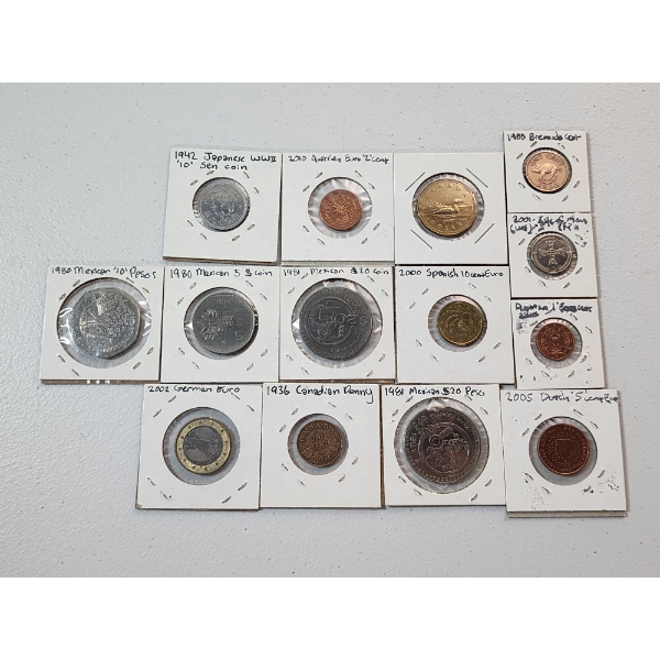 Lot of 14 Assorted World Coins Including Japanese, Austrian, Mexico, & More!