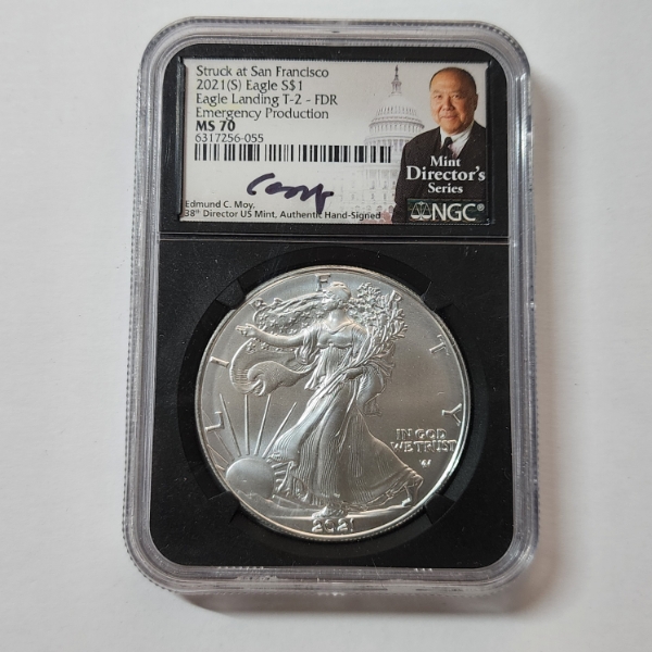 NGC MS70 2021-S American Silver Eagle - Eagle Landing T-2- FDR Signed by Edmund C. Moy 