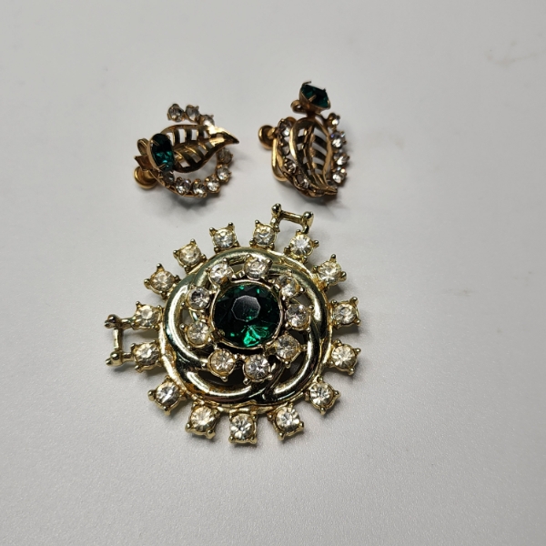 Gold-Filled Earrings & Gold-Tone Brooch, Both with Green Gemstones