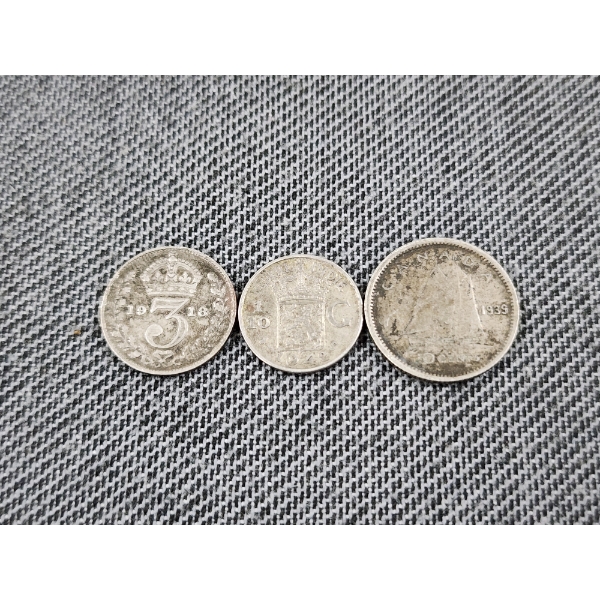 Lot of Three Asstd World Silver Coins - 1918 3 Pence, 1942 1/10 G & 1939 Canada Dime- TASW 0.1309 Oz
