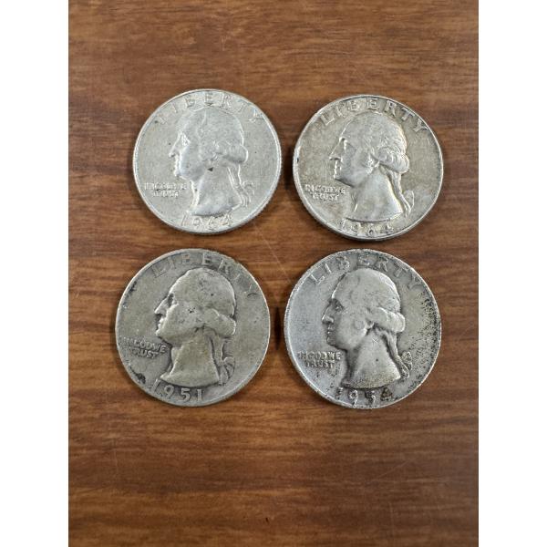 4 - United States Washington Silver Quarters - $1.00 Face Value