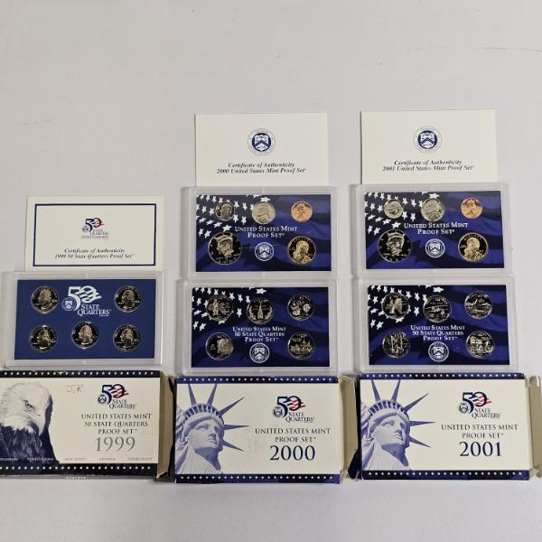 US Mint Proof Sets from 1999, 2000, and 2001 with Original Boxes and Certificates of Authenticity