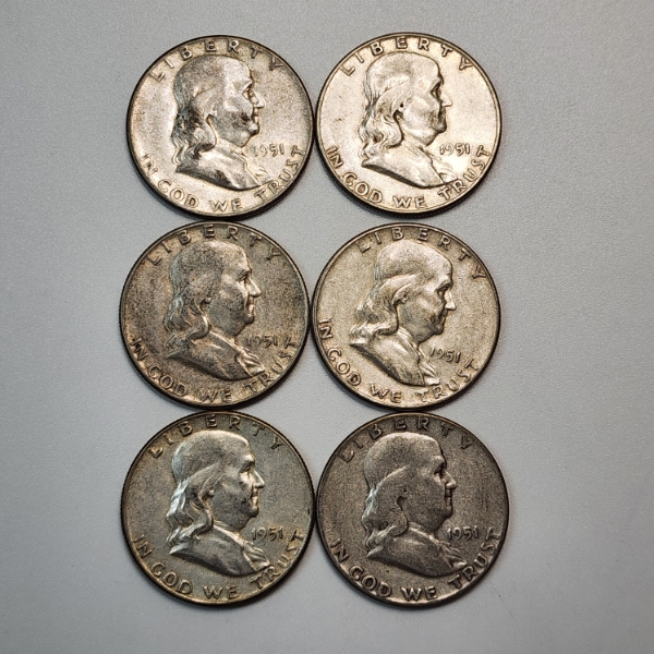 Six 1951 United States 90% Silver Franklin Half Dollars - FV: $3.00