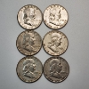 Image 1 : Six 1951 United States 90% Silver Franklin Half Dollars - FV: $3.00