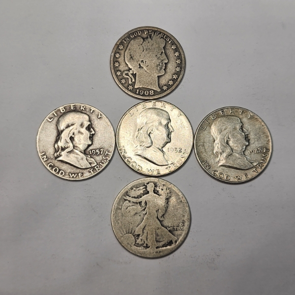 Five Assorted 90% Silver U.S. Half Dollars: Barber, Franklin, Walking Liberty - FV: $2.50 