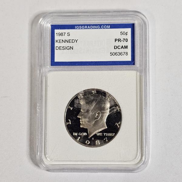 1987-S 90% Silver Kennedy Half Dollar, graded PR-70 DCAM (Deep Cameo) by IGS Grading
