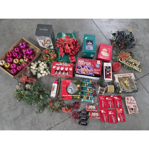 Wonderful Collection Of Vintage Christmas Items Including Lights, Bulbs, Ribbon, Decor And More