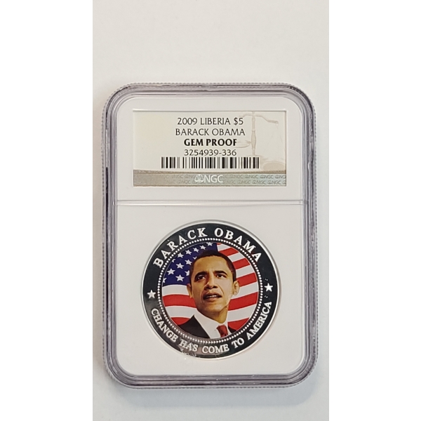 NGC Liberia 2009 Colorized $5 Barack Obama KM-993 Gem Proof Silver Plated Coin