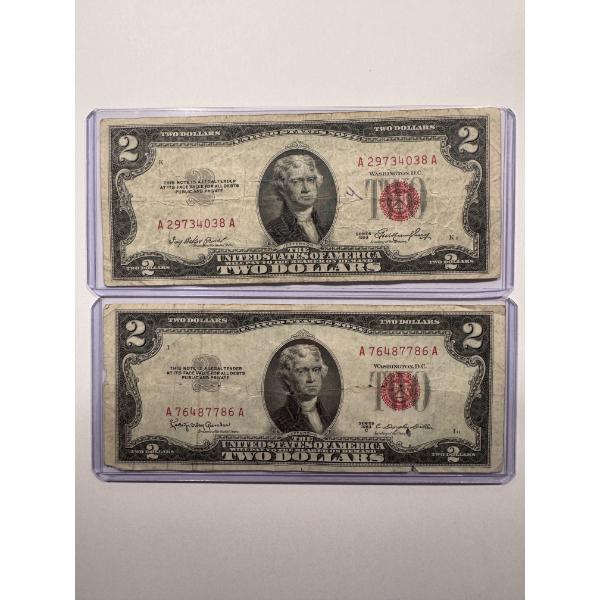 2 - 1953 United States Jefferson Red Seal $2.00 Bills In Protective Holder
