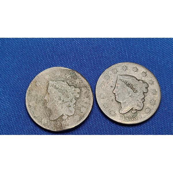 Unknown Year Coronet Head Large Cent & 1833 Coronet Head Large Cent 