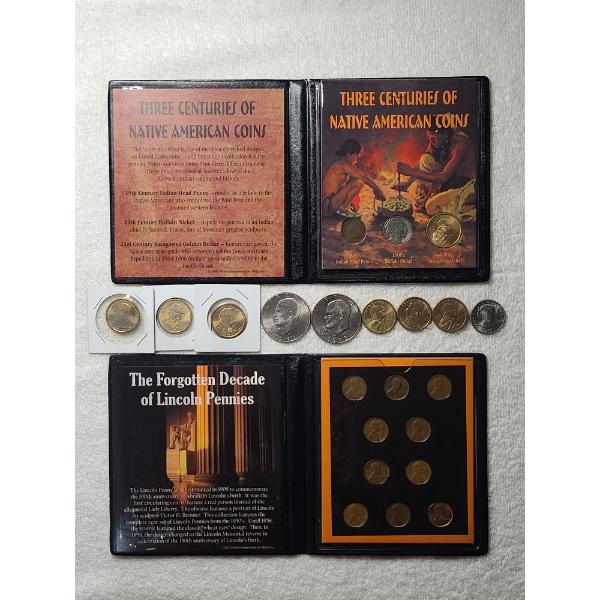 $9 in Assorted US Dollars With Two Coin Displays Ft. Native American Coins & Forgotten Lincoln Penny