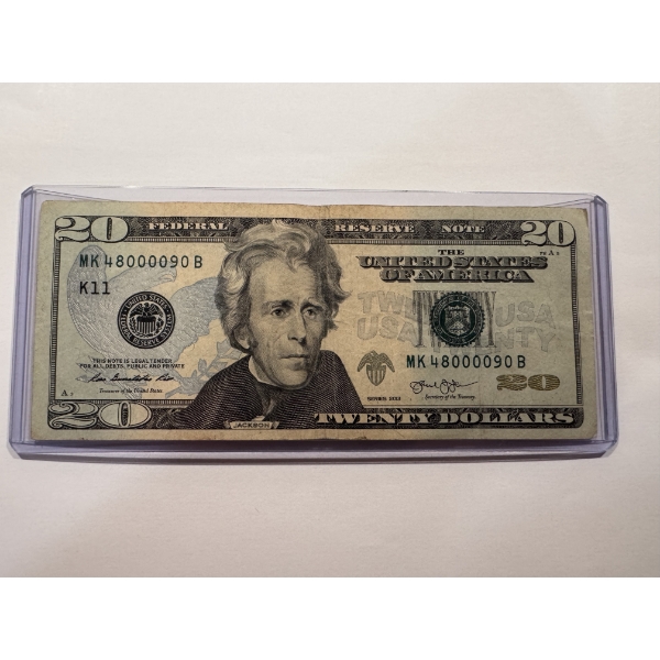 Rare United States Jackson $20.00 Bill - 5 OF A KIND SERIAL NUMBER - Mint Condition In Holder