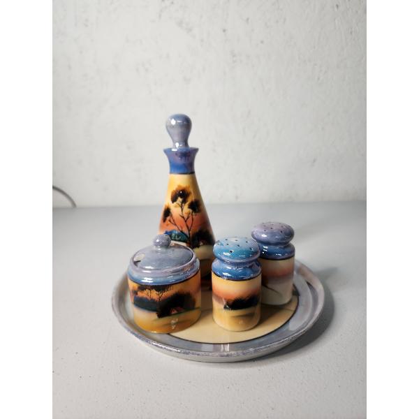 RARE 5-Piece Japanese Lusterware Condiment Set: Tray, Decanter, Moriage Cottage Set