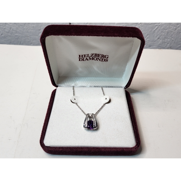 14K White Gold 18" Necklace with Diamonds and Amethyst Stone Total Weight 7.3g