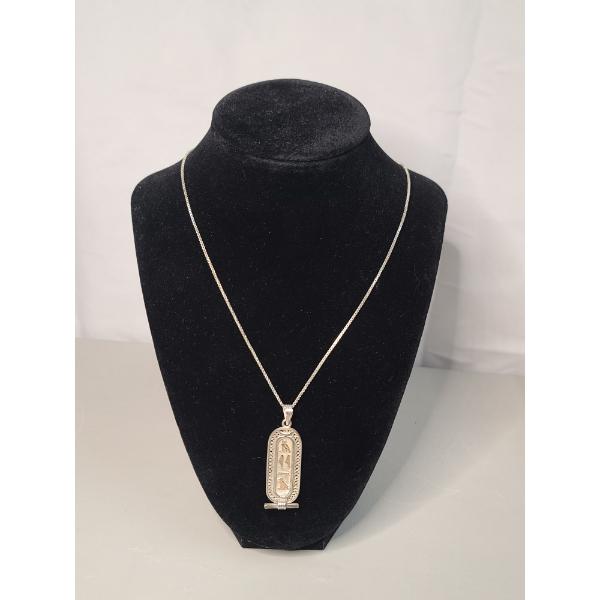 Vintage Sterling Silver Egyptian Cartouche Pendant On 22" Sterling Necklace - Weight: 12.4g