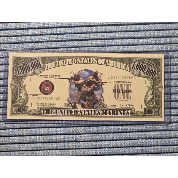 United States Marines Million Dollar Bill In Mint Condition In Protective Holder